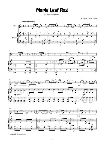 Maple Leaf Rag by Scott Joplin, transcription for flute and piano