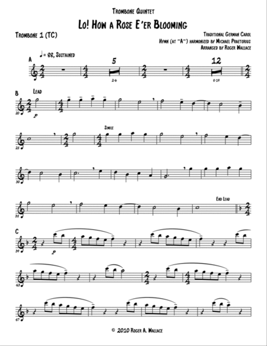 Lo! How a Rose E'er Blooming (Trombone Quintet or Choir) Choir scores gallery preview page 5