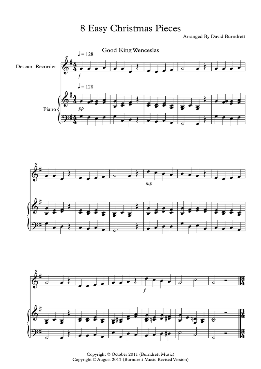 8 Easy Christmas Pieces for Descant Recorder And Piano Woodwind Duet scores gallery preview page 1