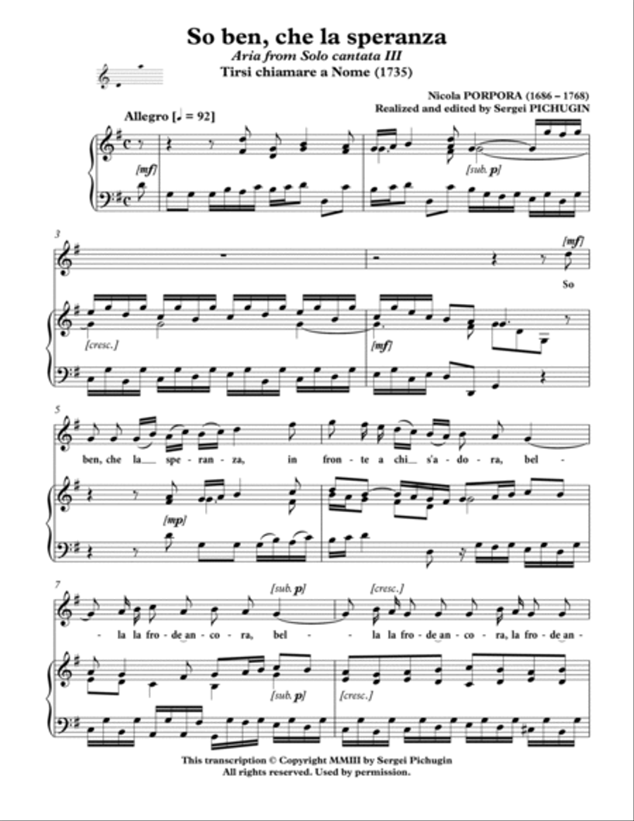 PORPORA Nicola: So ben, che la speranza, aria from the cantata, arranged for Voice and Piano (G majo