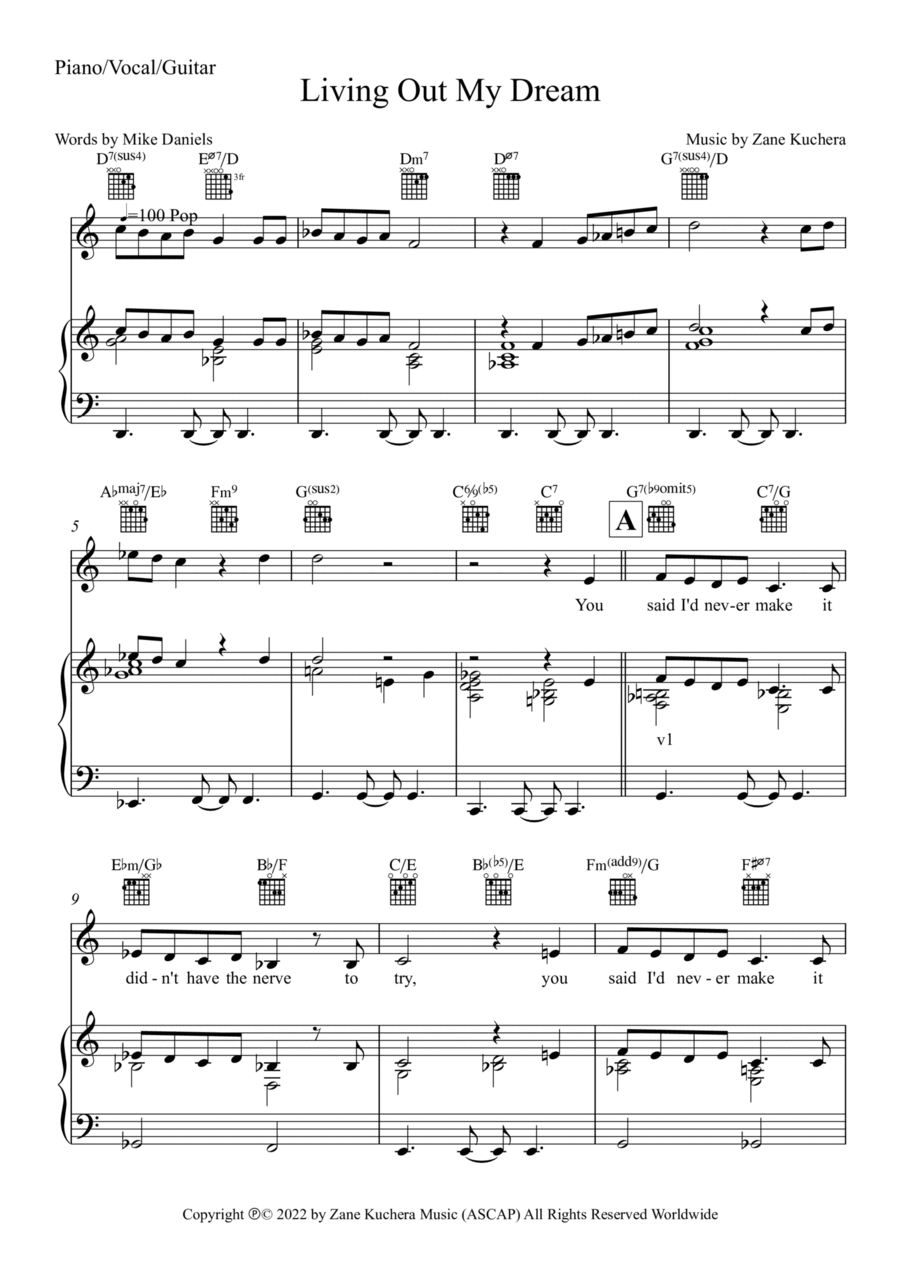 Living Out My Dream Piano, Vocal, Guitar scores gallery preview page 1