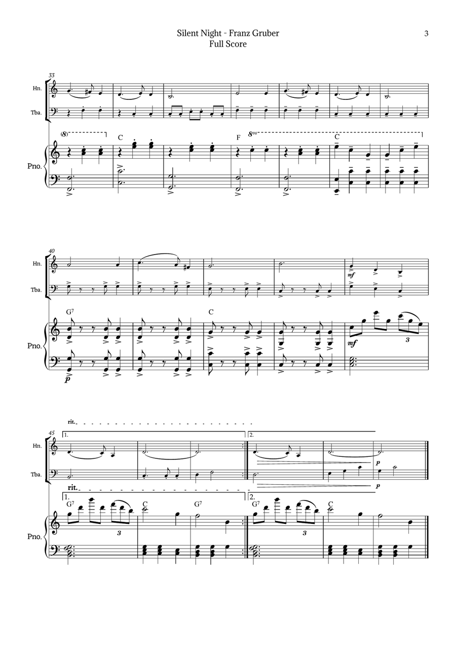 Silent Night for Horn and Tuba Duet with Piano Brass Duet scores gallery preview page 3