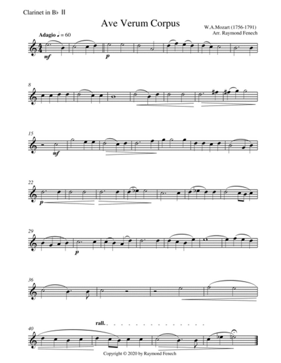 Ave Verum Corpus - Mozart - 4 Bb Clarinets Quartet - Intermediate level image number null