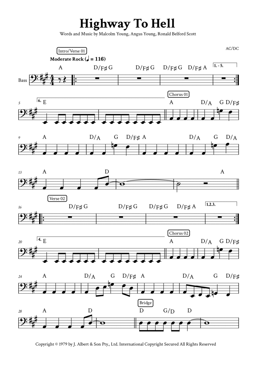 Highway To Hell Bass Guitar scores gallery preview page 1