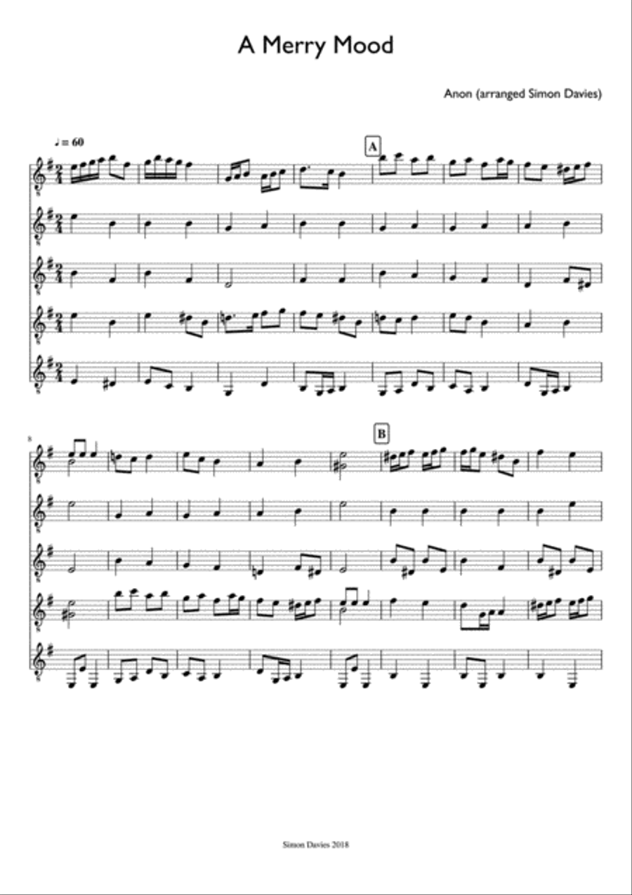 A Merry Mood - Anon. (arranged for beginner/intermediate guitar ensemble) Guitar Ensemble scores gallery preview page 1