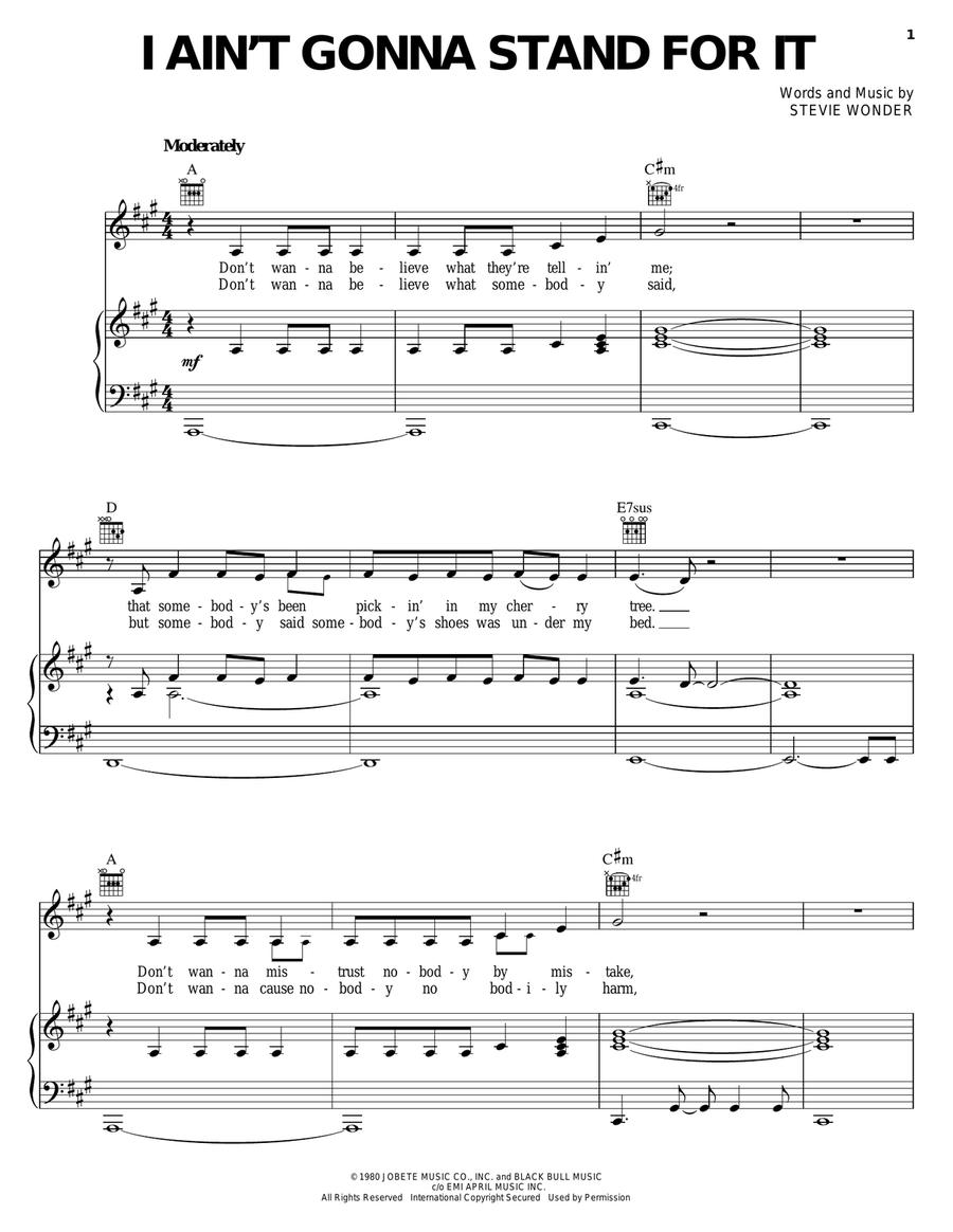 I Ain't Gonna Stand For It Piano, Vocal, Guitar scores gallery preview page 1