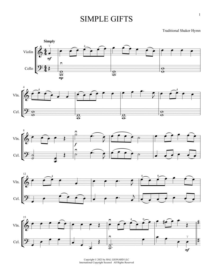 Simple Gifts (arr. Michelle Hynson) String Duet scores gallery preview page 1