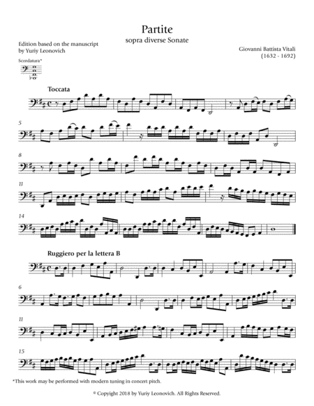 Vitali - Partite sopra diverse Sonate for Cello Solo Urtext (with optional scordatura)