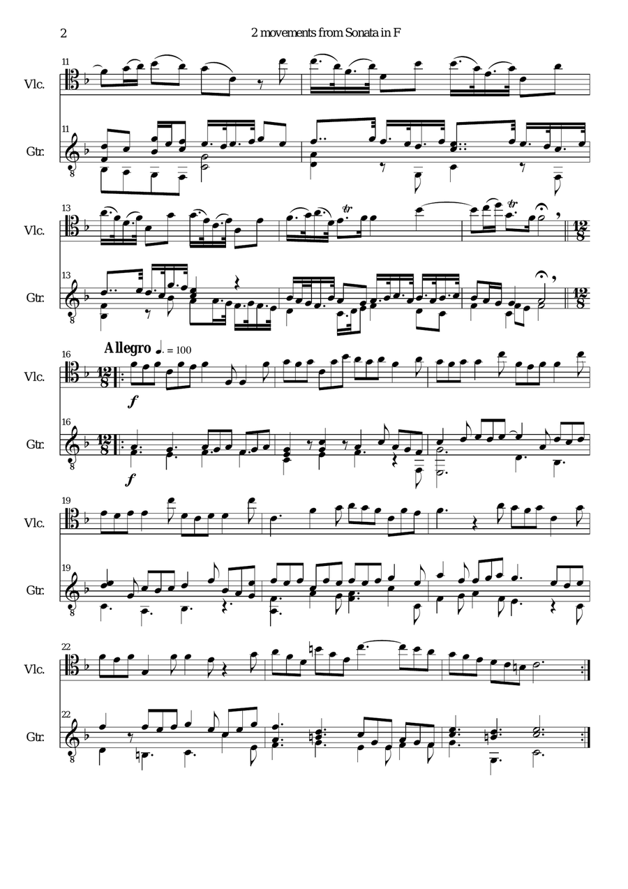 Sonata in F (first and last movements) for cello and guitar String Duet scores gallery preview page 2