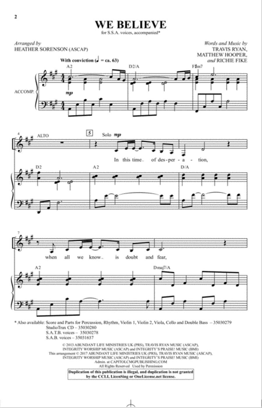 We Believe (arr. Heather Sorenson) SSA scores gallery preview page 1