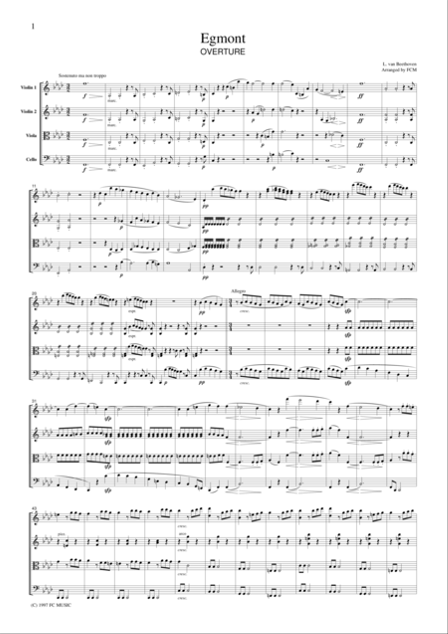 Beethoven Egmont Overture, for string quartet, CB004 String Quartet scores gallery preview page 1