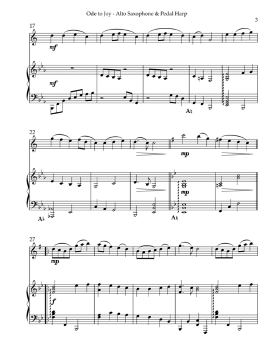 Ode to Joy, Duet for Eb Alto Saxophone & Pedal Harp Alto Saxophone scores gallery preview page 3