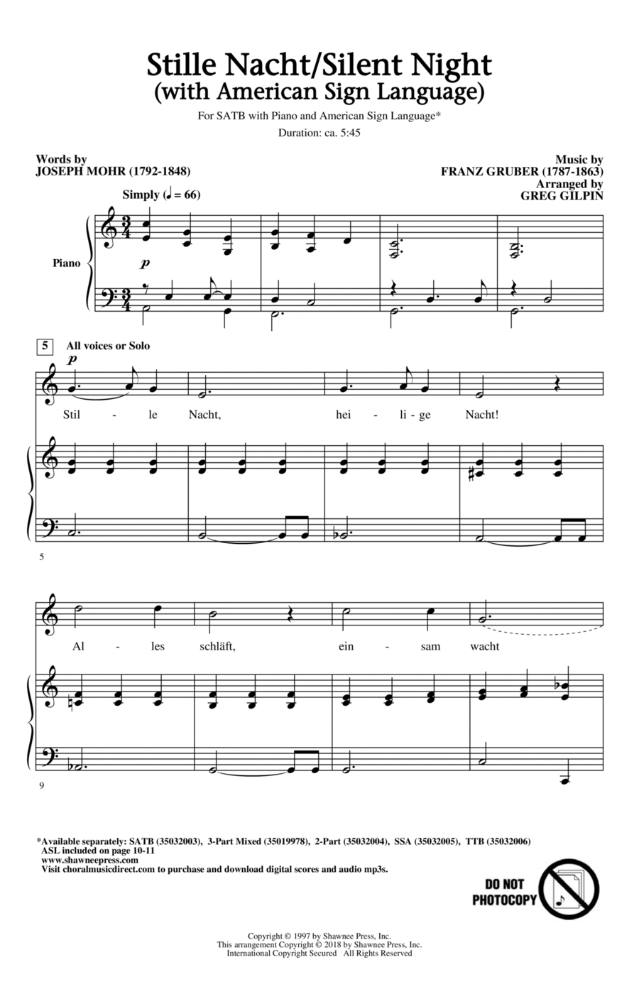 Stille Nacht/Silent Night (With American Sign Language) 4-Part scores gallery preview page 1