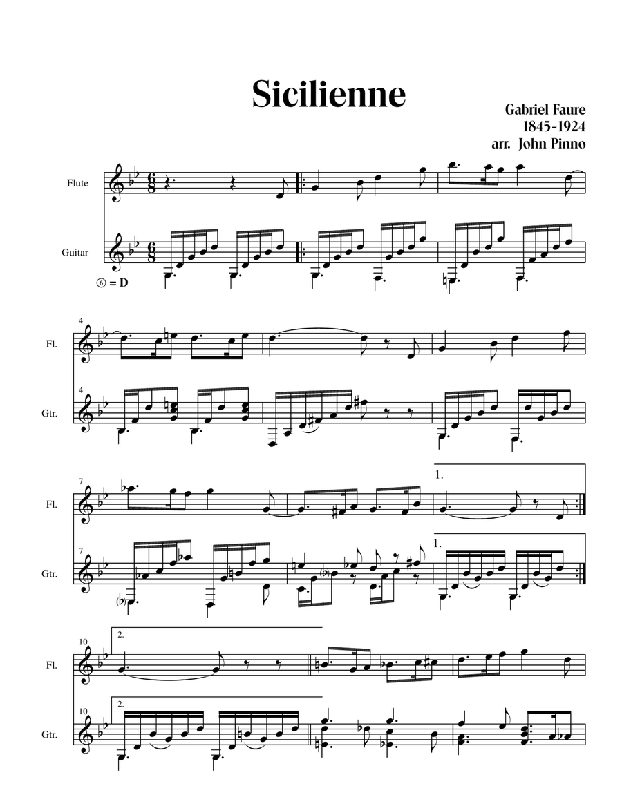 Sicilienne (Gabriel Faure) arr. for flute (or oboe or violin)and classical guitar Small Ensemble scores gallery preview page 2
