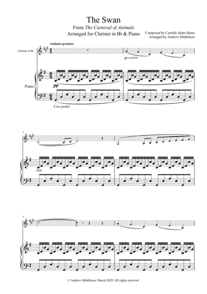 The Swan from The Carnival of Animals arranged for Clarinet and Piano image number null