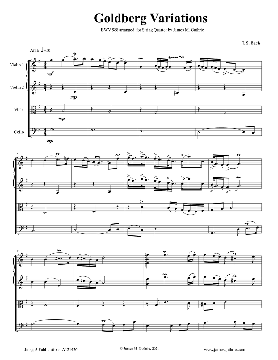 Bach: The Goldberg Variations BWV 988 Complete for String Quartet String Quartet scores gallery preview page 1