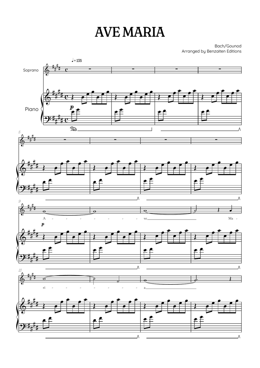 Bach / Gounod Ave Maria in E major • soprano sheet music with piano accompaniment Soprano Voice scores gallery preview page 1