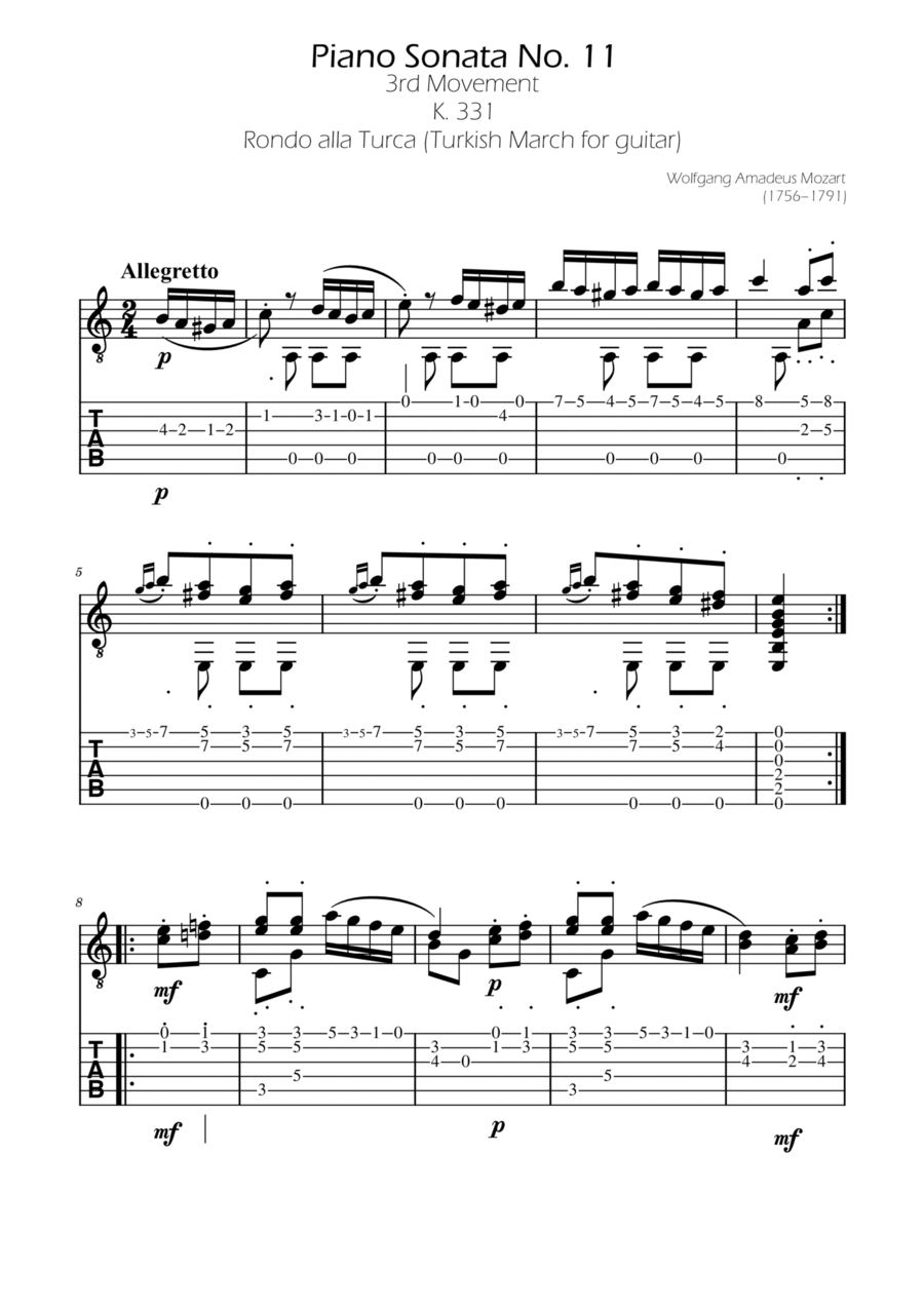 Rondo alla Turca Guitar TABs Acoustic Guitar scores gallery preview page 1