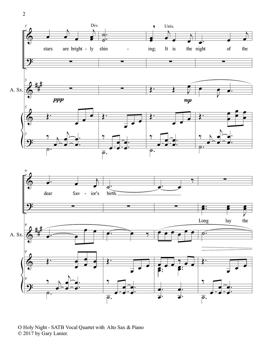 O HOLY NIGHT (SATB Vocal Quartet with Alto Sax & Piano - Score & Parts included) image number null