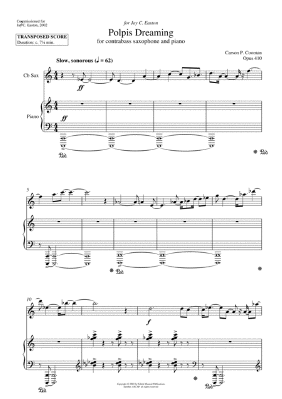 Carso Cooman: Polpis Dreaming (2002) for Eb contrabass saxophone and piano Small Ensemble scores gallery preview page 2