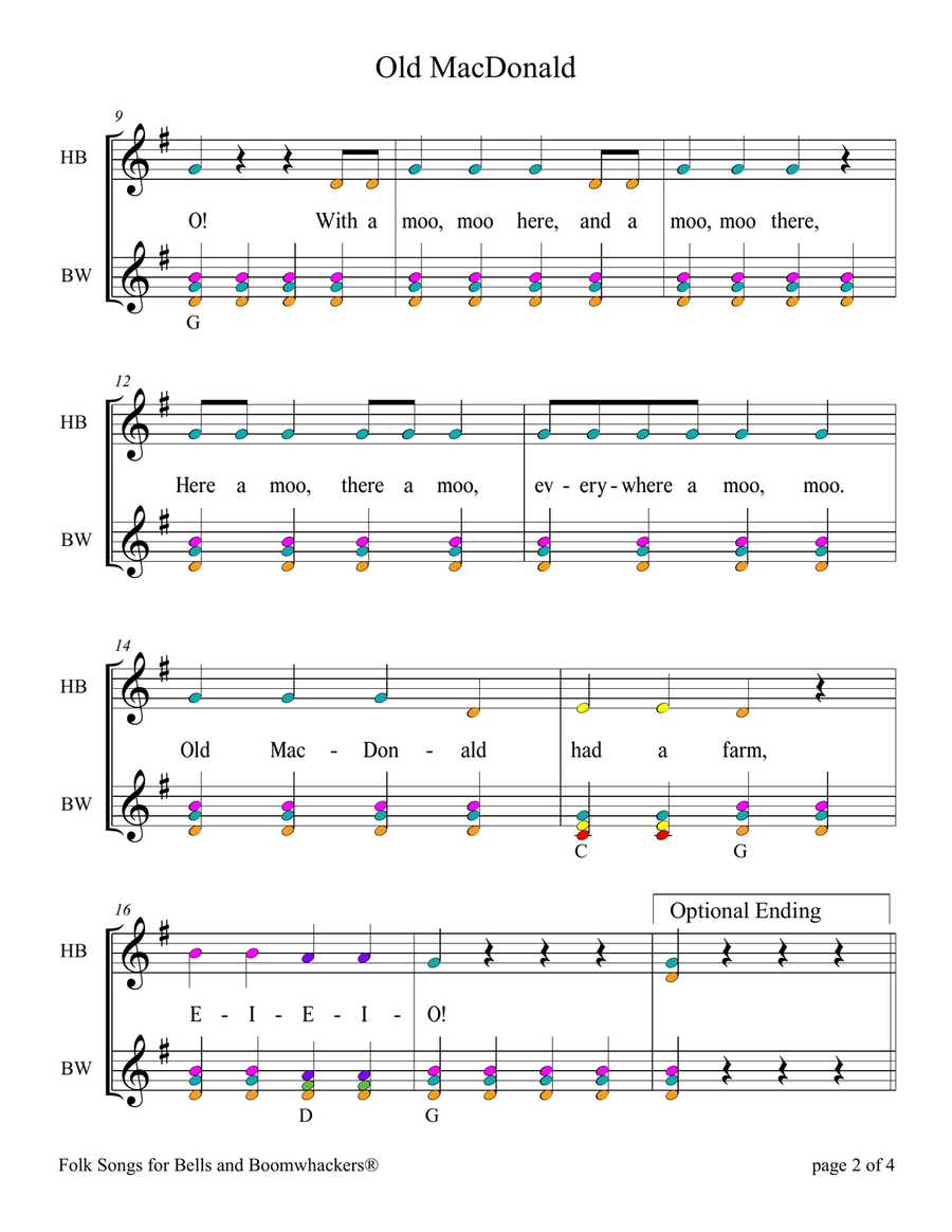 Old MacDonald Had a Farm (for 13-note Bells and Boomwhackers with Color Coded Notes) Handbell Choir scores gallery preview page 6