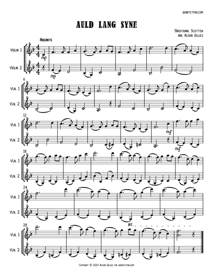 Auld Lang Syne - Violin Duet String Duet scores gallery preview page 1