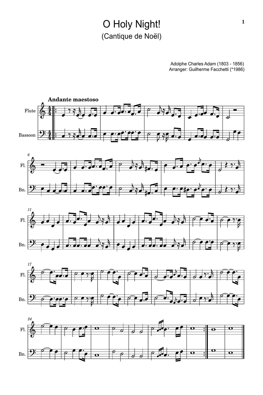 O Holy Night! - Arranged for Flute and Bassoon. Woodwind Duet scores gallery preview page 1