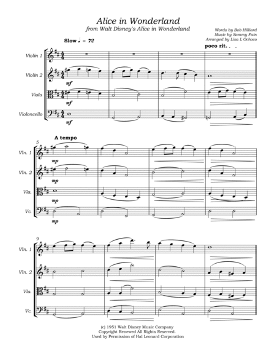 Alice In Wonderland from Walt Disney's ALICE IN WONDERLAND String Quartet scores gallery preview page 4
