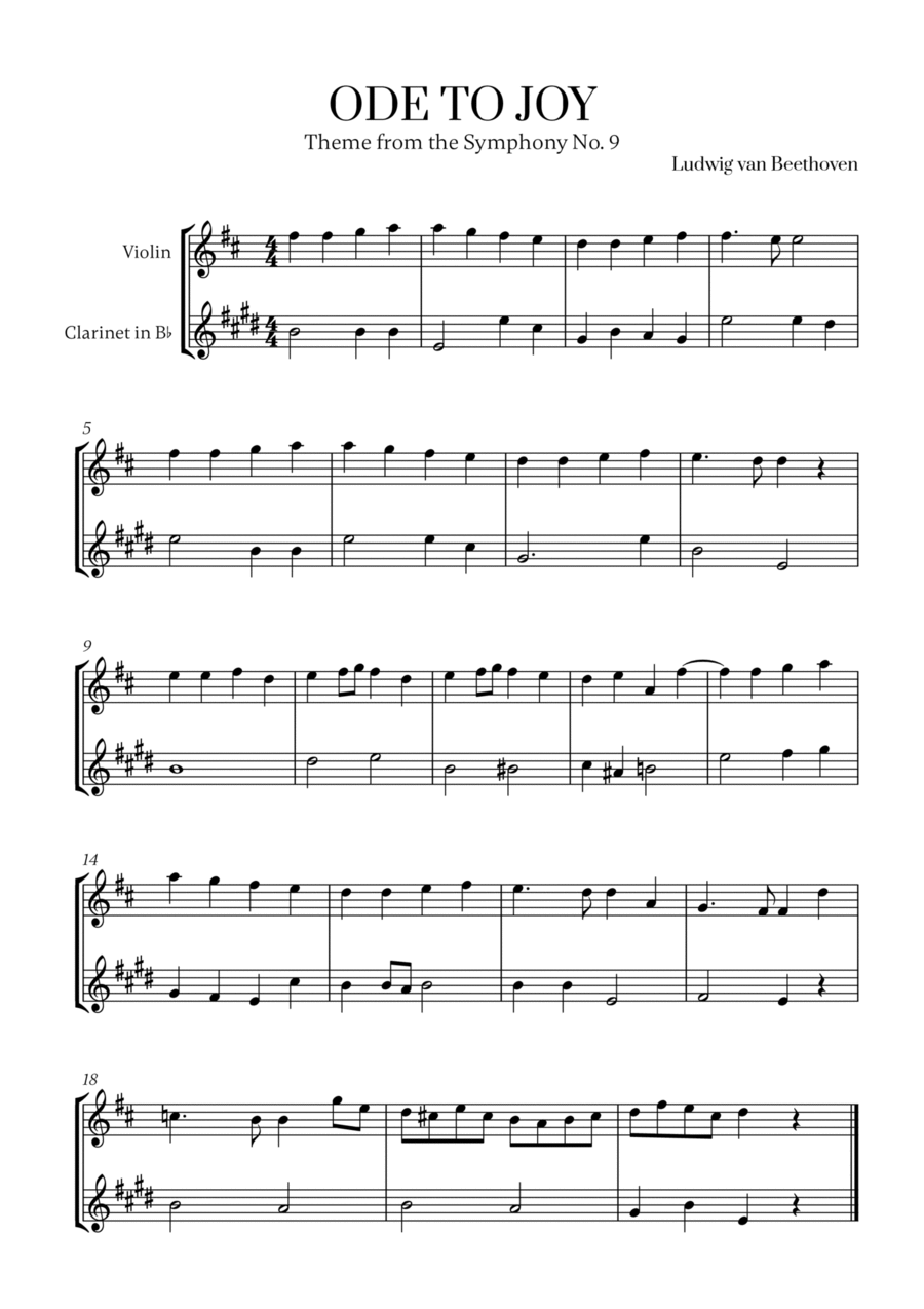 L. v. Beethoven - Ode to Joy (from Symphony No. 9) (for Violin and Clarinet) B-Flat Clarinet scores gallery preview page 1