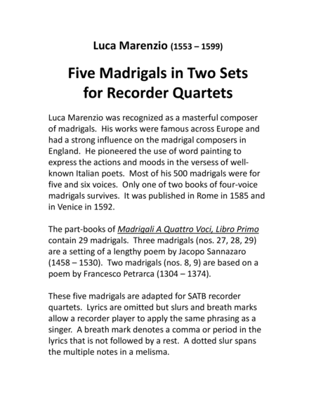 Five Marenzio Madrigals for Recorder Quartet image number null