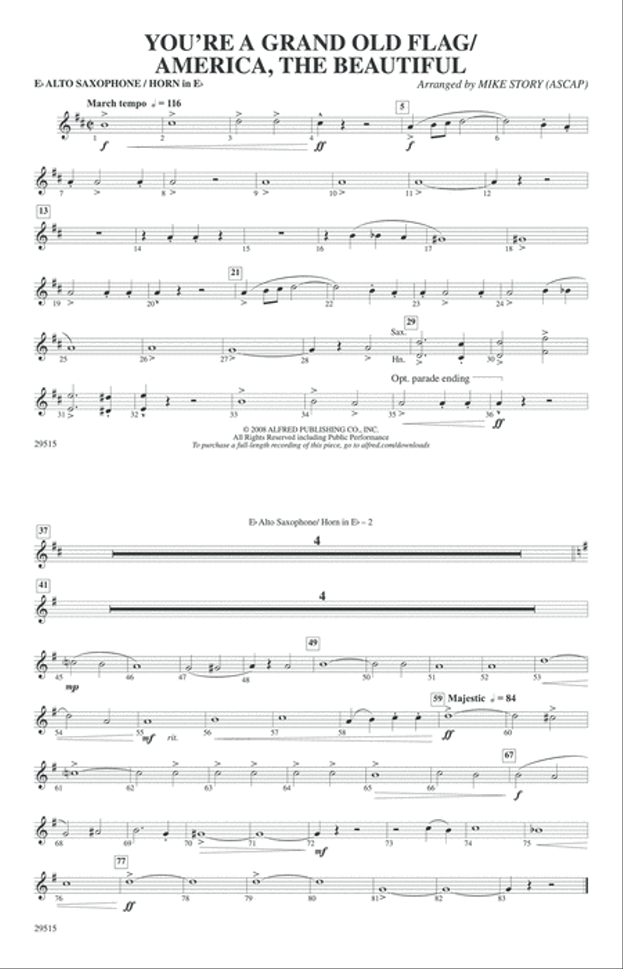 You're a Grand Old Flag / America, the Beautiful: E-flat Alto Saxophone Marching Band scores gallery preview page 1