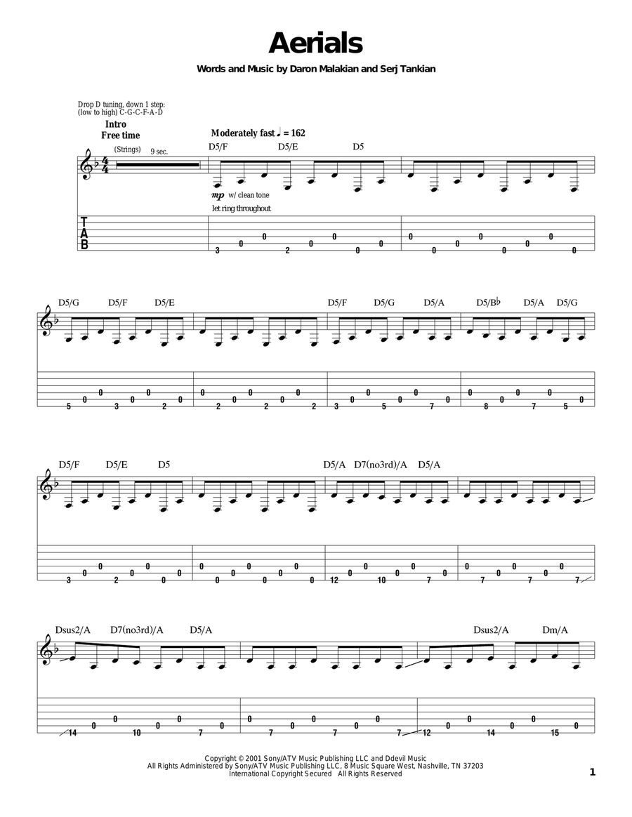 Aerials by System of a Down Electric Guitar Digital Sheet