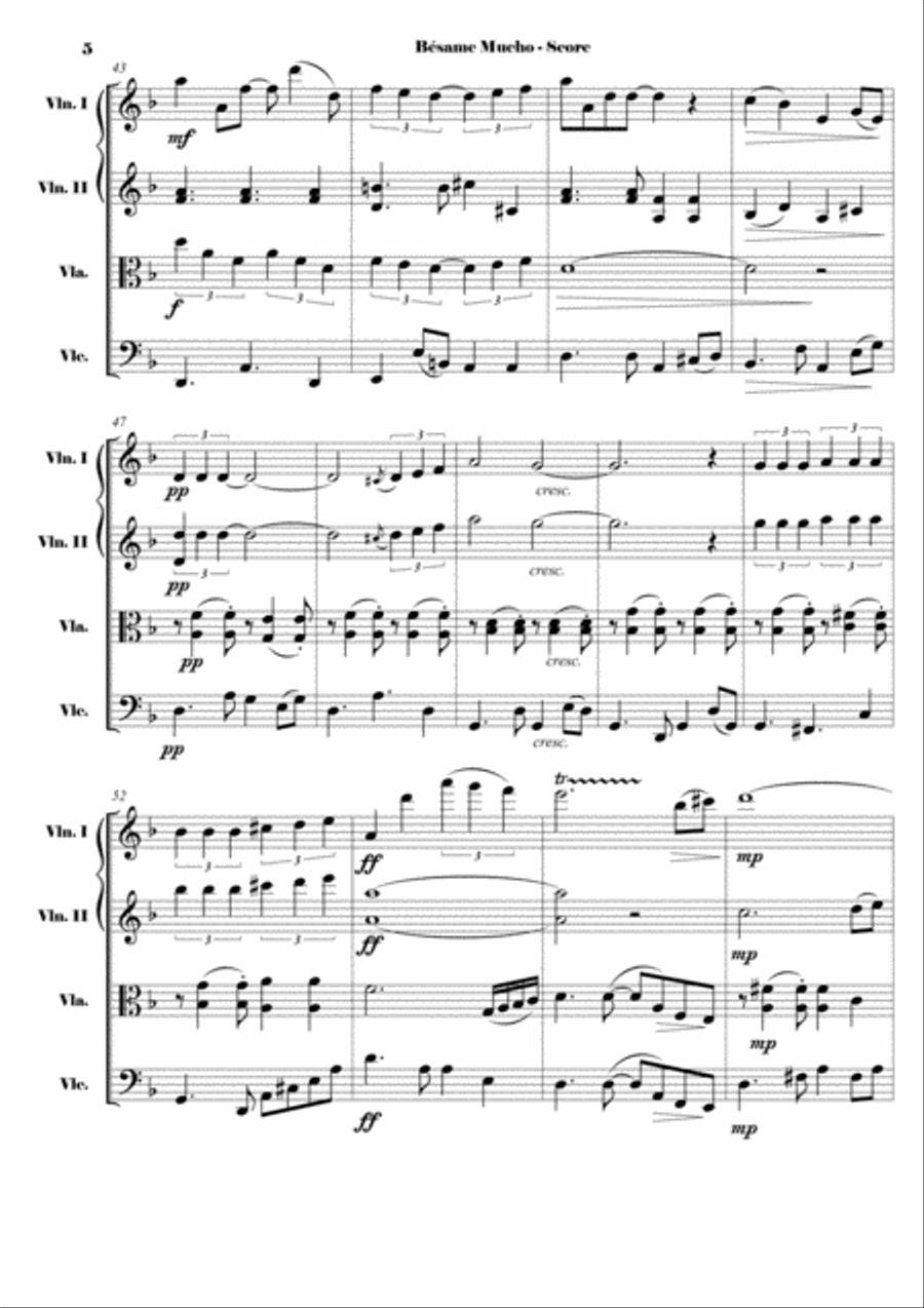 Besame Mucho (Kiss Me Much) String Quartet scores gallery preview page 5