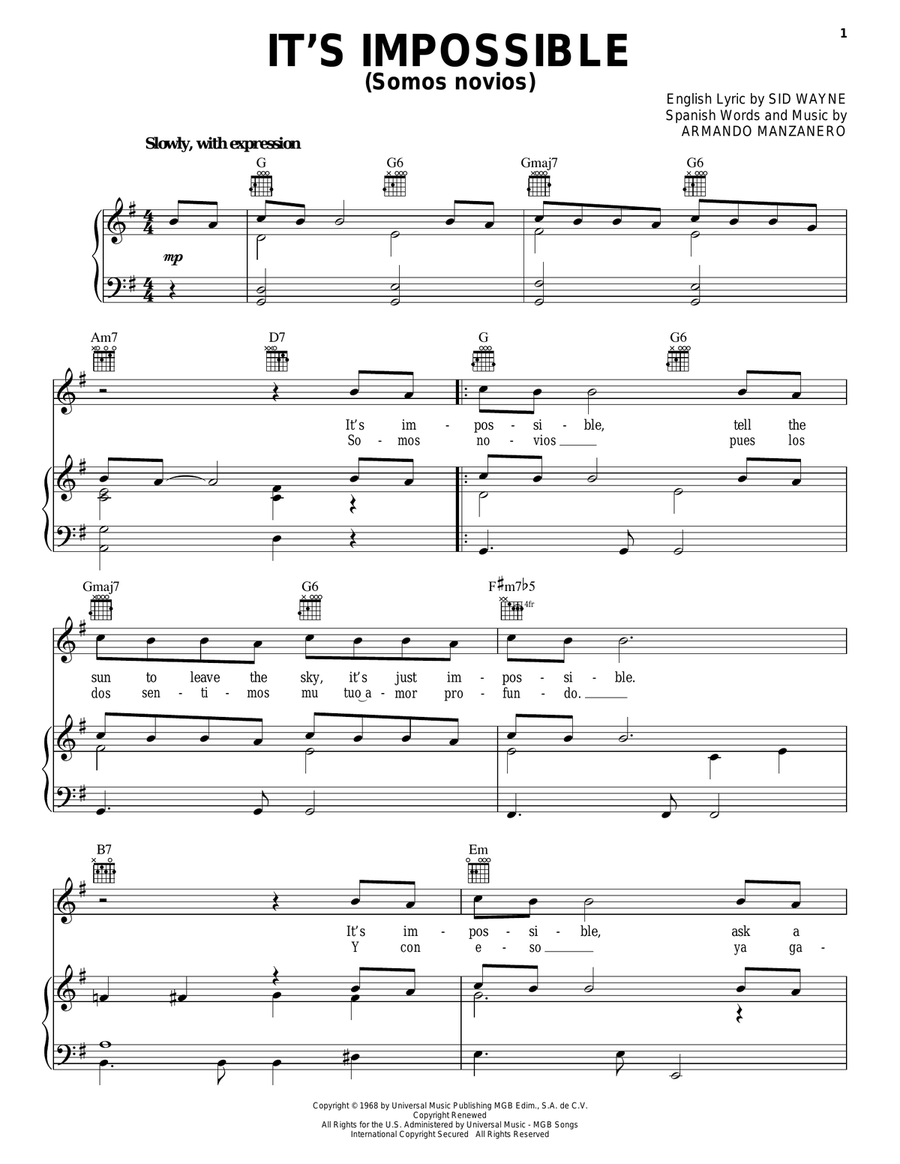 It's Impossible (Somos Novios) Piano, Vocal, Guitar scores gallery preview page 1