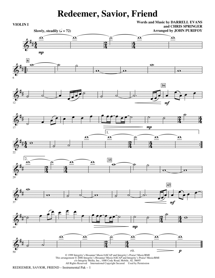 Redeemer, Savior, Friend - Violin 1 Choir scores gallery preview page 1