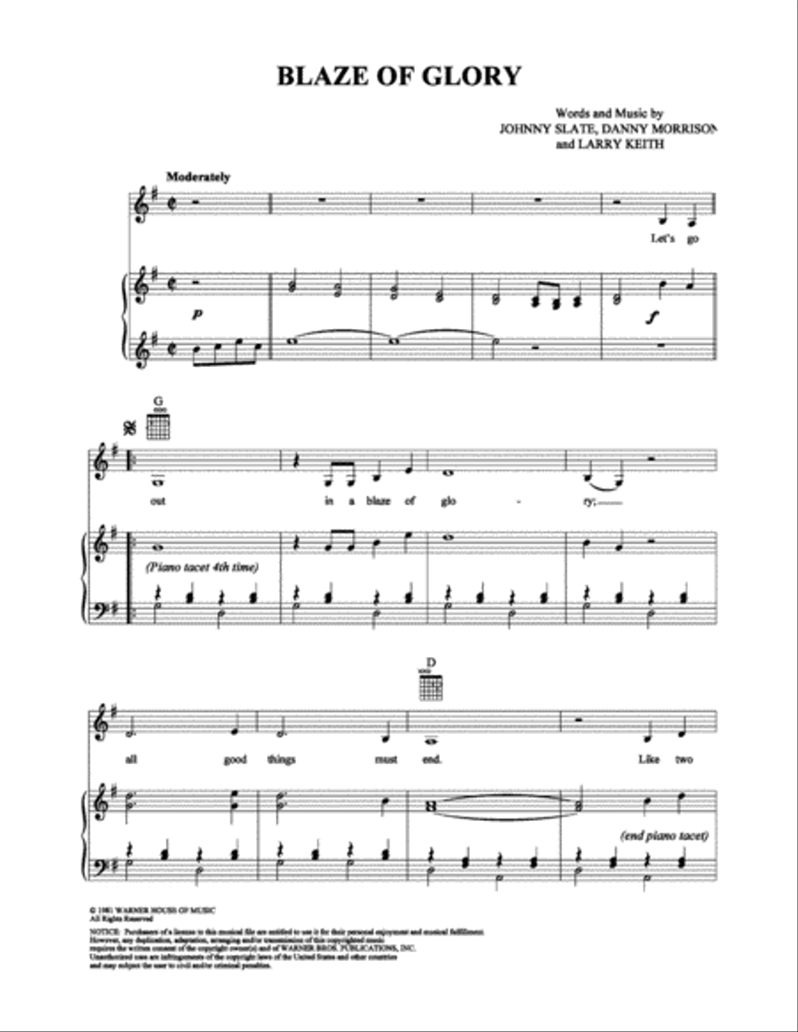 Blaze of Glory Piano, Vocal, Guitar scores gallery preview page 1