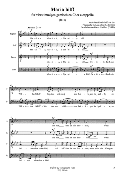 Maria hilf! für vierstimmig gemischten Chor a cappella (2018) (nach einer Handschrift aus der Pfarrkirche St. Laurentius in Kostenblatt)