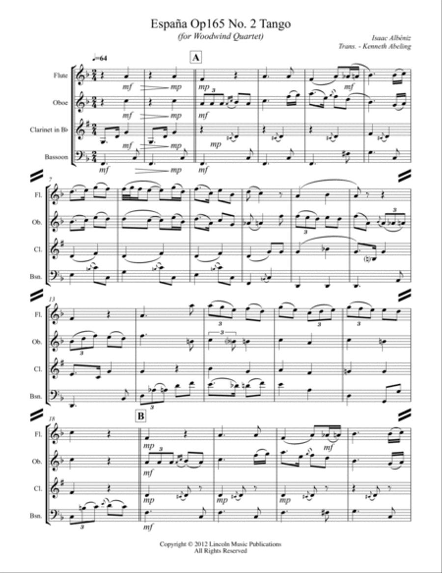 Albeniz - Espana Op.165 No. 2 Tango (for Woodwind Quartet) Woodwind Quartet scores gallery preview page 2