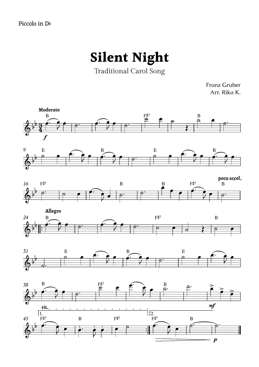 Silent Night for D♭ Piccolo Solo Piccolo scores gallery preview page 1