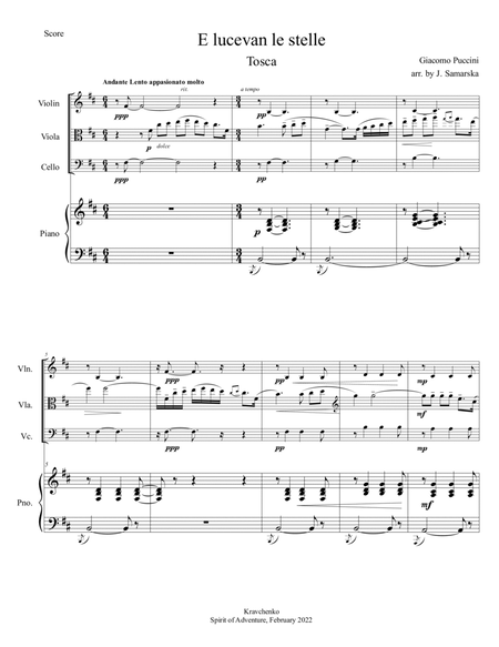 Giacomo Puccini - "E lucevan le stelle" from Tosca arr. for piano quartet (score and parts)