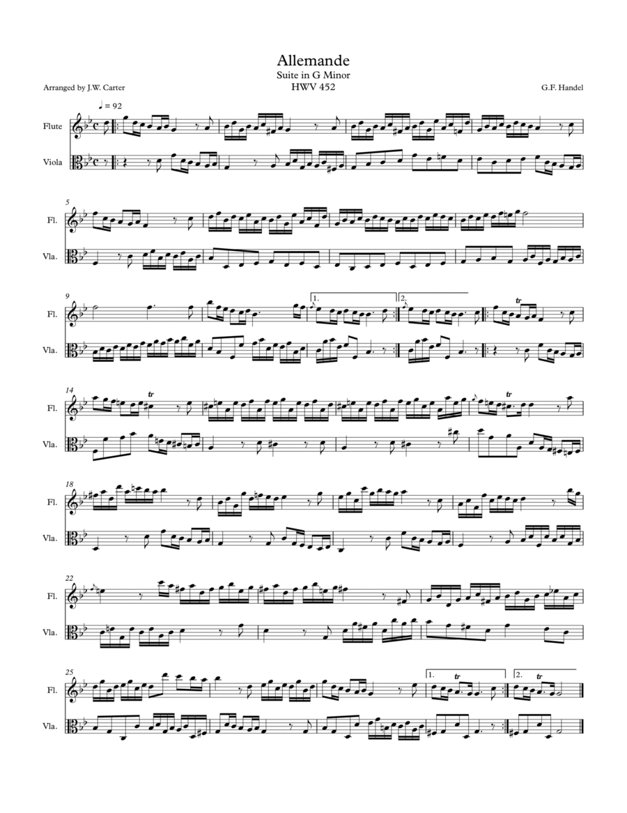 Allemande from Keyboard Suite in G Min. for Flute & Viola Duet image number null