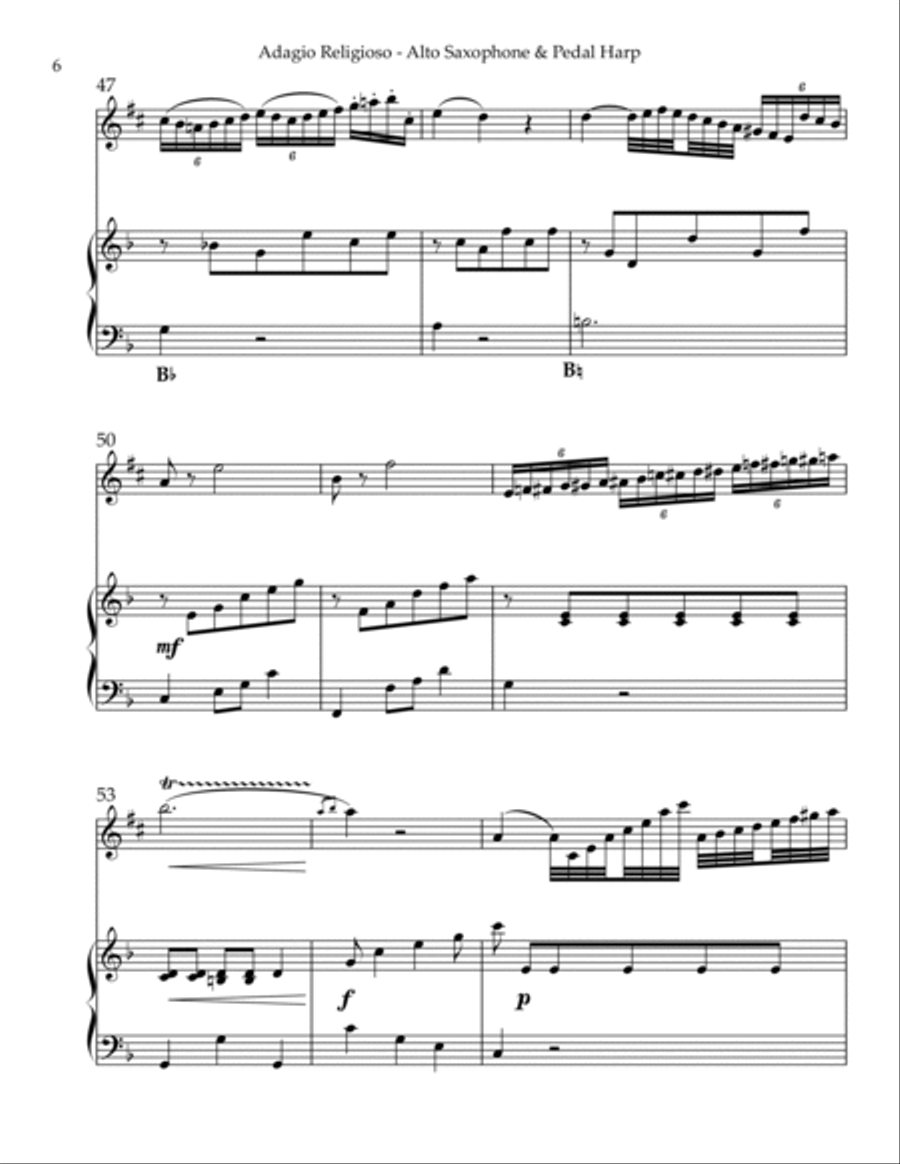 Adagio Religioso, K622, Duet for Eb Alto Saxophone & Pedal Harp Alto Saxophone scores gallery preview page 6