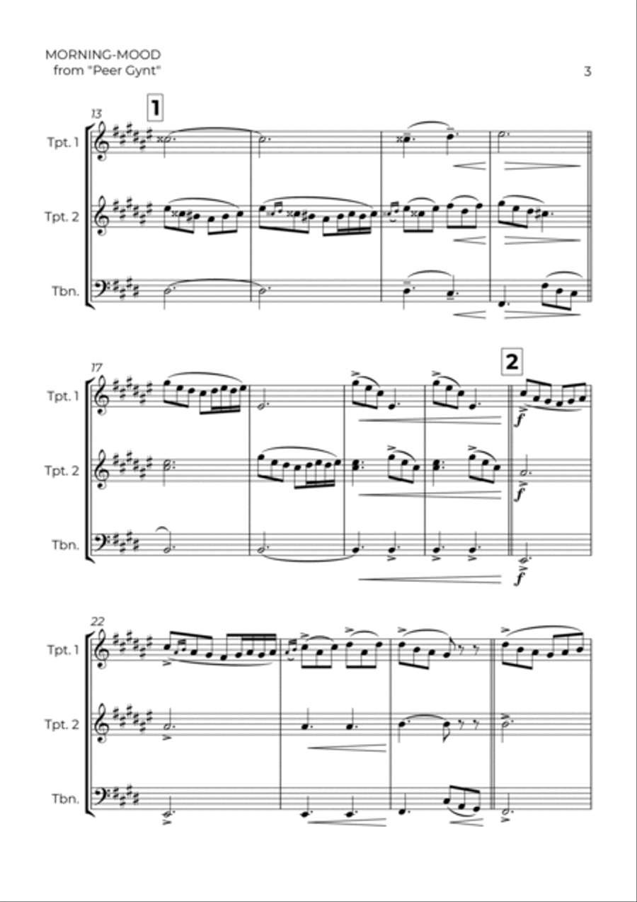 MORNING-MOOD - EDVARD GRIEG - BRASS TRIO (TRUMPET 1, TRUMPET 2 & TROMBONE) Brass Trio scores gallery preview page 3