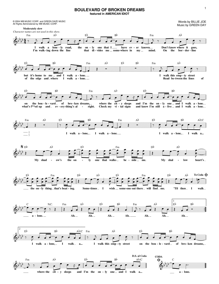 Boulevard Of Broken Dreams Piano scores gallery preview page 1
