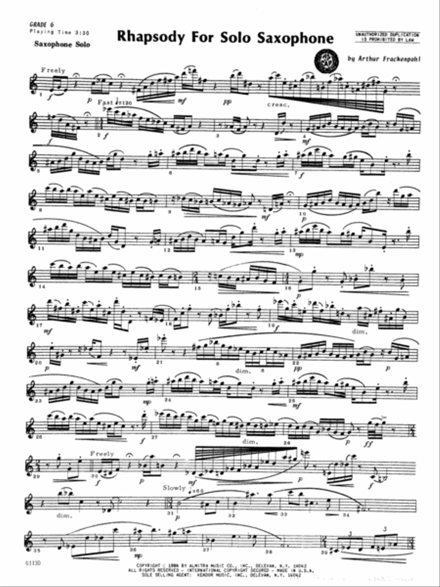 Rhapsody For Solo Saxophone