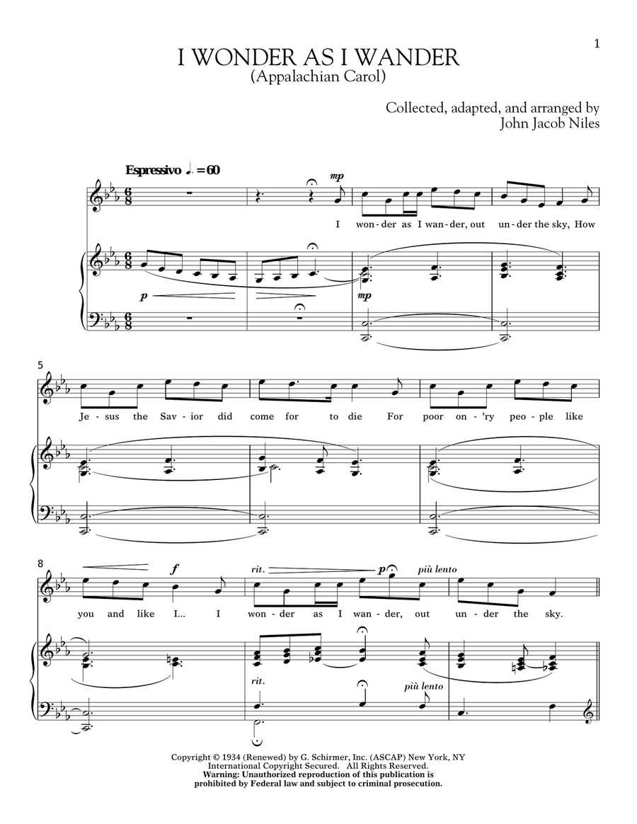 I Wonder As I Wander Piano, Vocal scores gallery preview page 1
