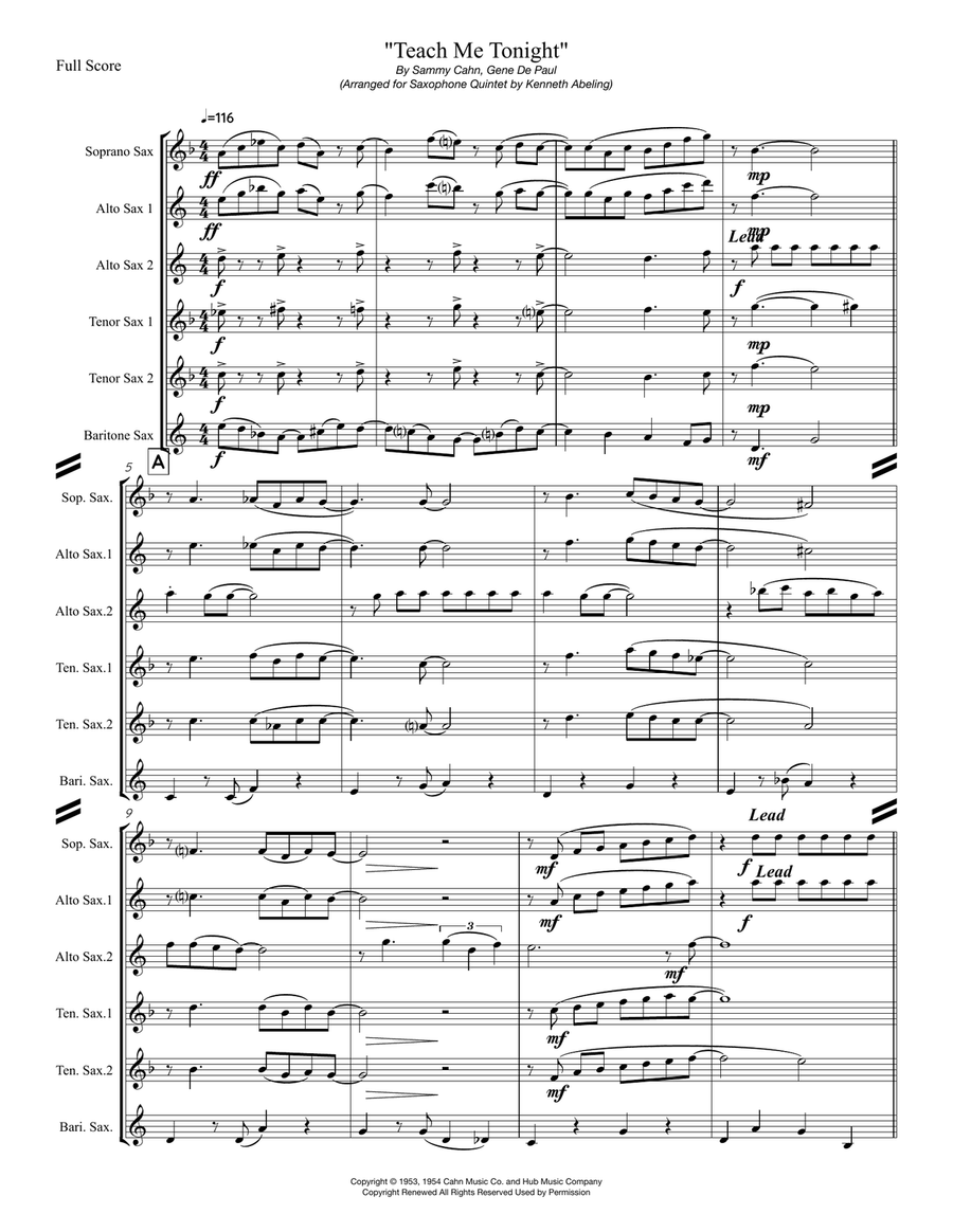 Teach Me Tonight Saxophone Quintet scores gallery preview page 2