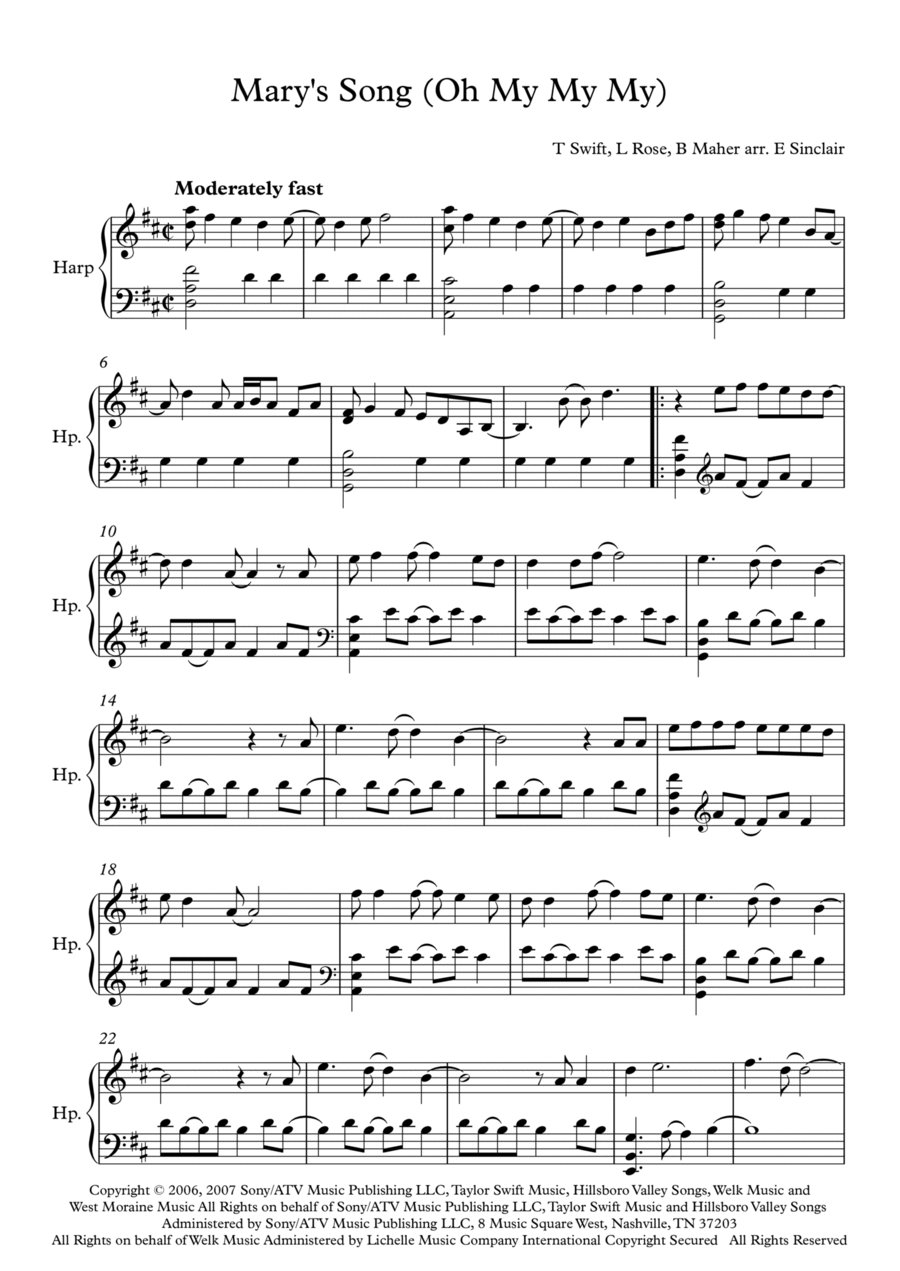 Mary's Song (oh My My My) Harp scores gallery preview page 1