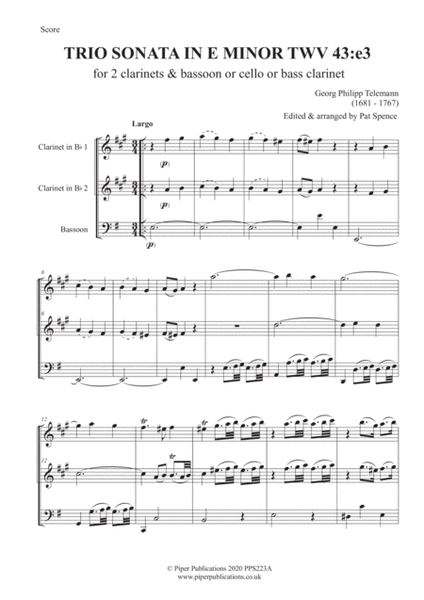 TELEMANN TRIO SONATA IN E MINOR TWV 43:e3 for 2 clarinets & bassoon, cello or bass clarinet