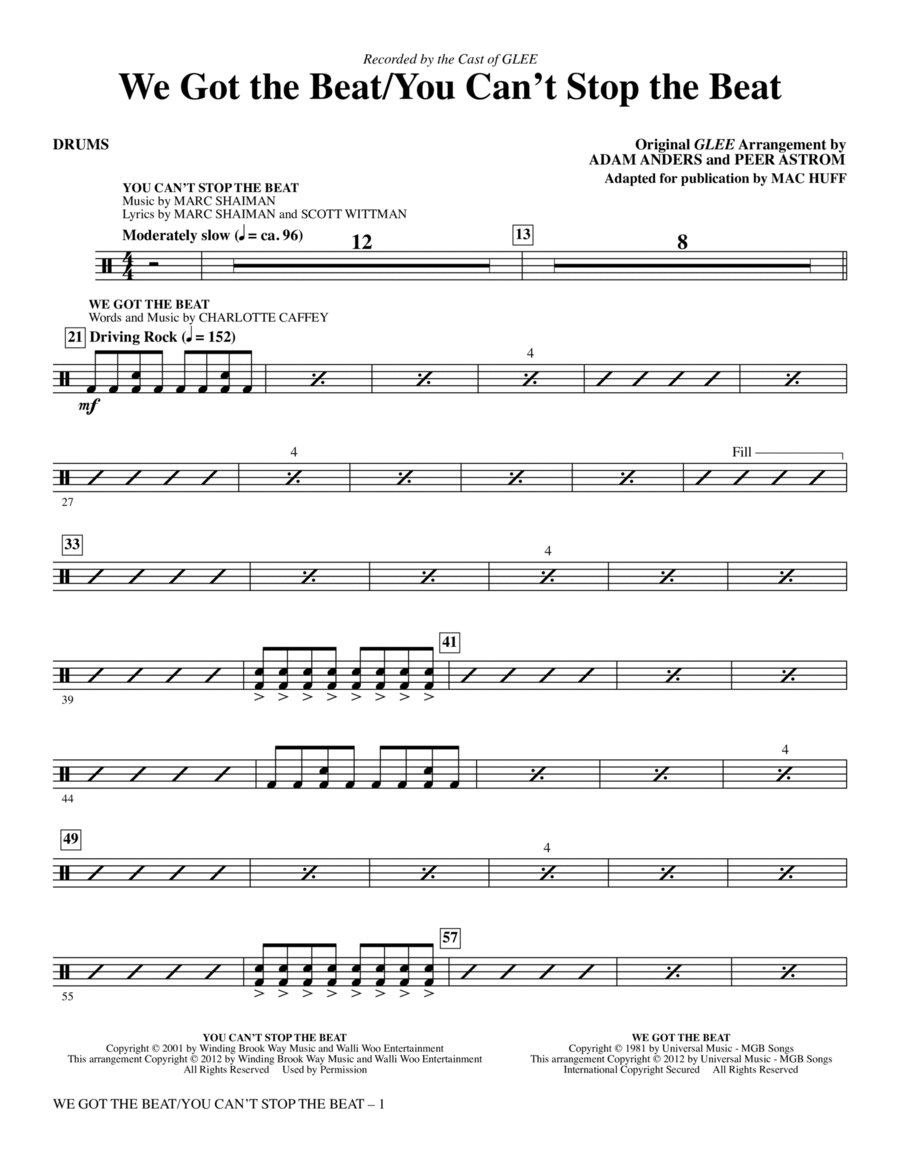 We Got The Beat / You Can't Stop The Beat - Drums Choir scores gallery preview page 1